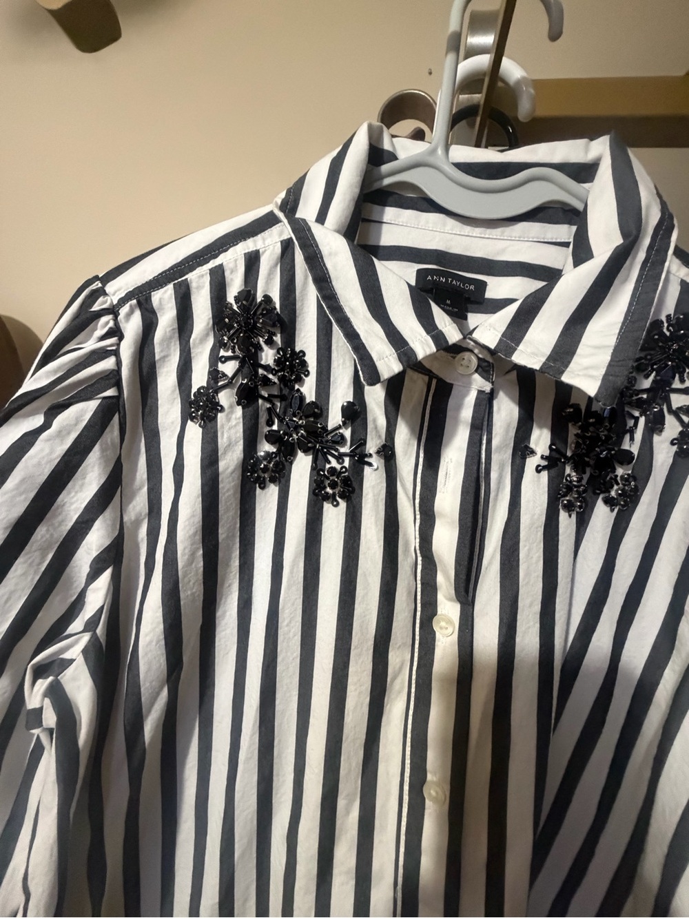 Ann Taylor Black and White Striped Beaded Button-Down Shirt